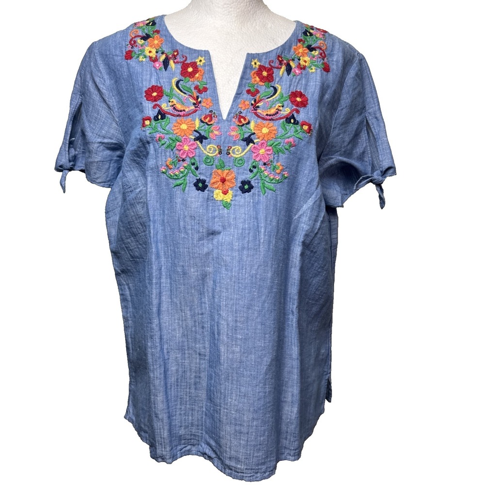 Talbots Embroidered Linen Cotton Top Blue Chambray‎ Floral Bird V Neck Blouse LP
